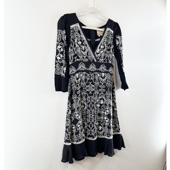 Vanessa Virginia by Anthropologie V Neck Embroidered Coquette Dress Black 2 NWT - Picture 7 of 14